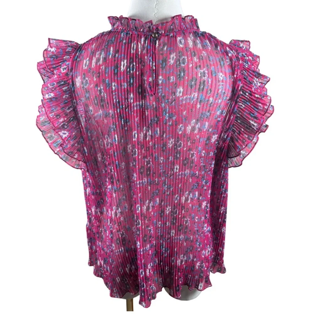 by Anthropologie Sheer Fairy Pink Floral Pleated Flutter Sleeve Layering Top - Picture 2 of 10